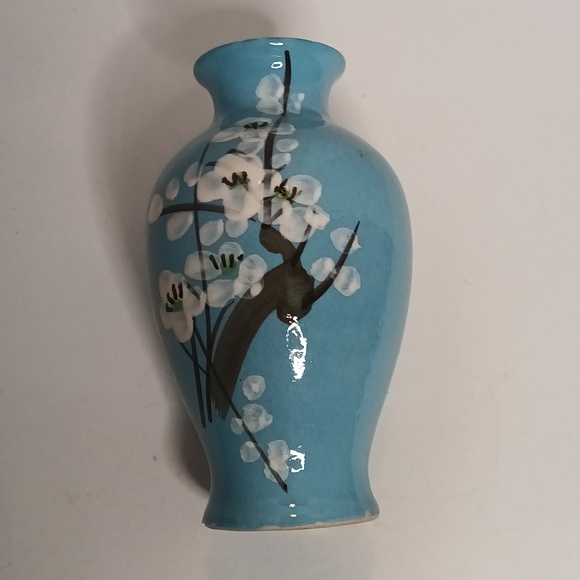 Vintage Hand Painted Cherry Blossom Branch Vase 6" Blue Ceramic Bohemian - Picture 6 of 10